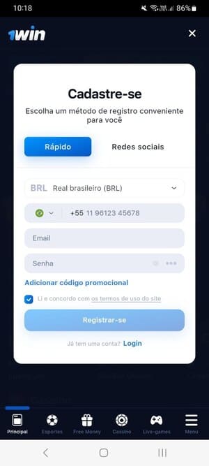 Registrar-se no Aplicativo 1Win