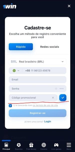 usar um código promocional no aplicativo 1Win